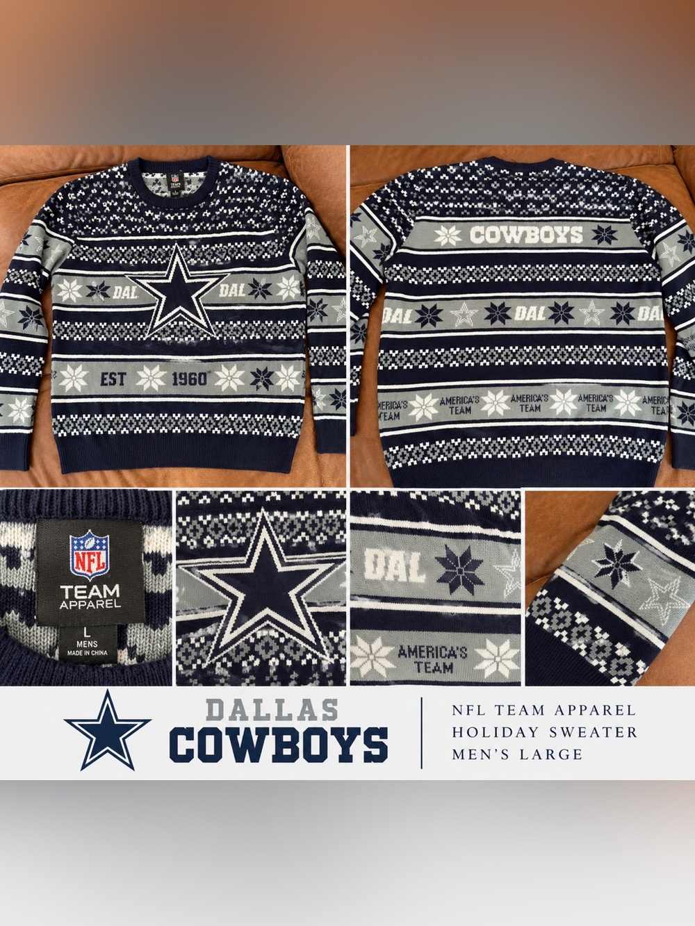 Dallas Cowboys Navy Crewneck Sweater - Men's Large